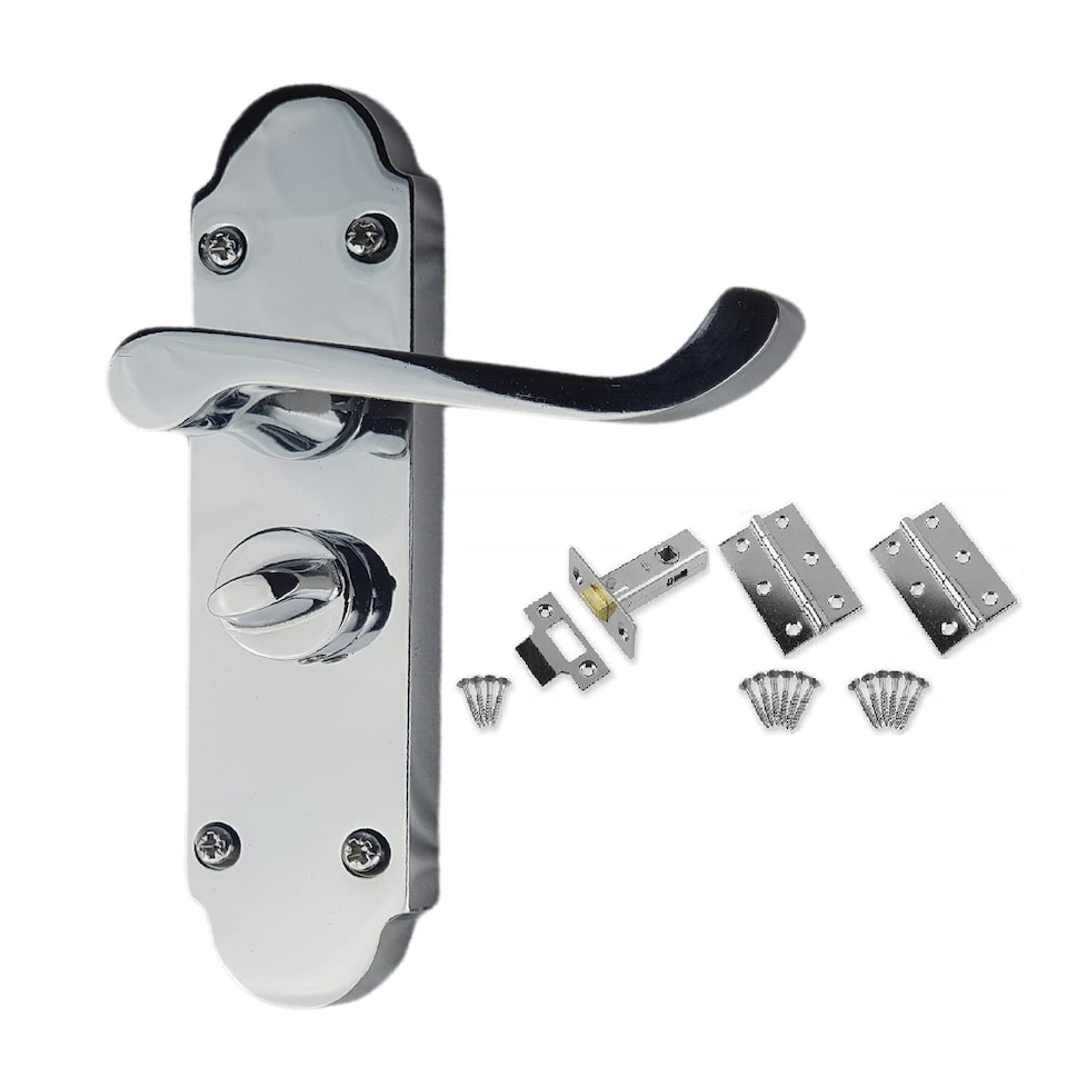 Golden Grace Victorian Scroll Bathroom Door Handles on Shaped Backplate in Polished Chrome with Hinges & Latch, Privacy Set - 168mm x 40mm Chrome