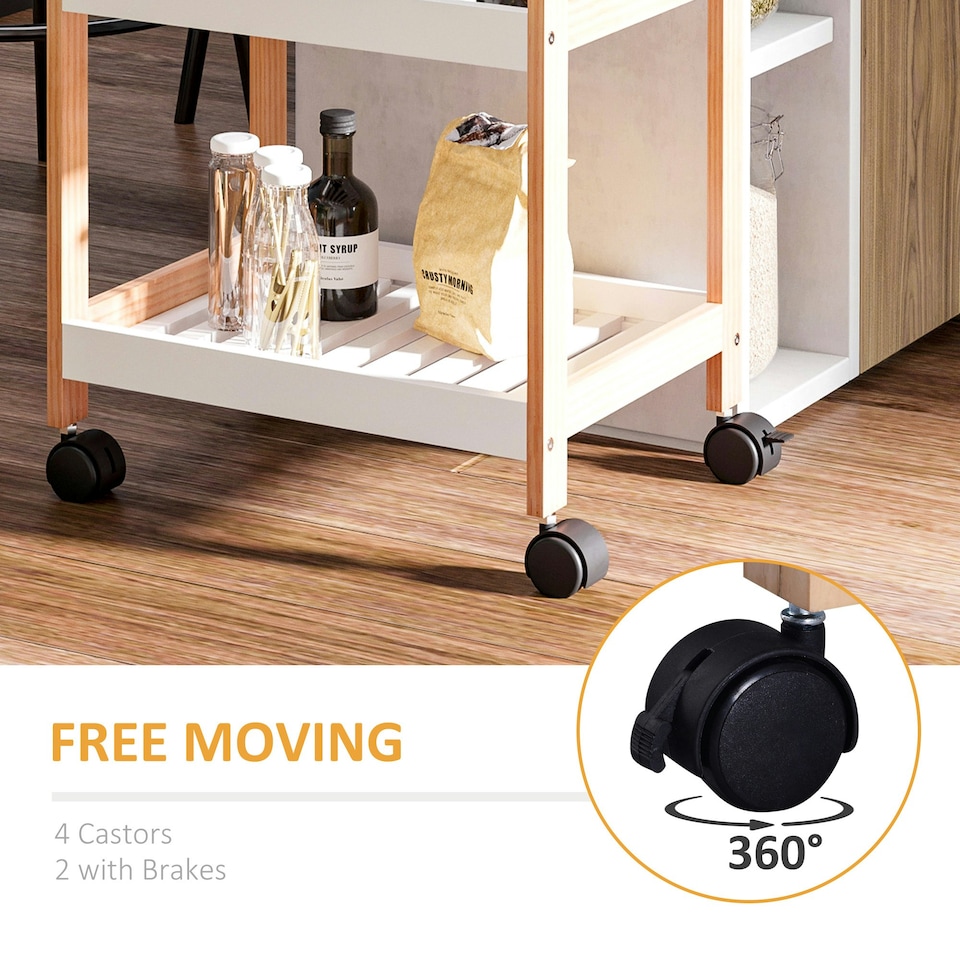 image 1 of HOMCOM Mobile Serving Trolley Kitchen Cart Pine Wood Rolling Wheels White
