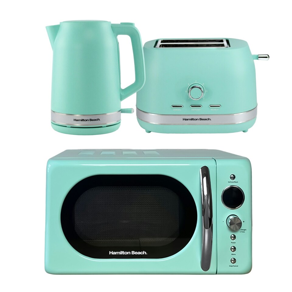 image 1 of Hamilton Beach Kettle, Toaster & Microwave Set, Ella, 1.7L Electric Kettle, Wide Slot Toaster 2 Slice, Microwave, 20L Retro, Kettle & Toaster Set, Mint