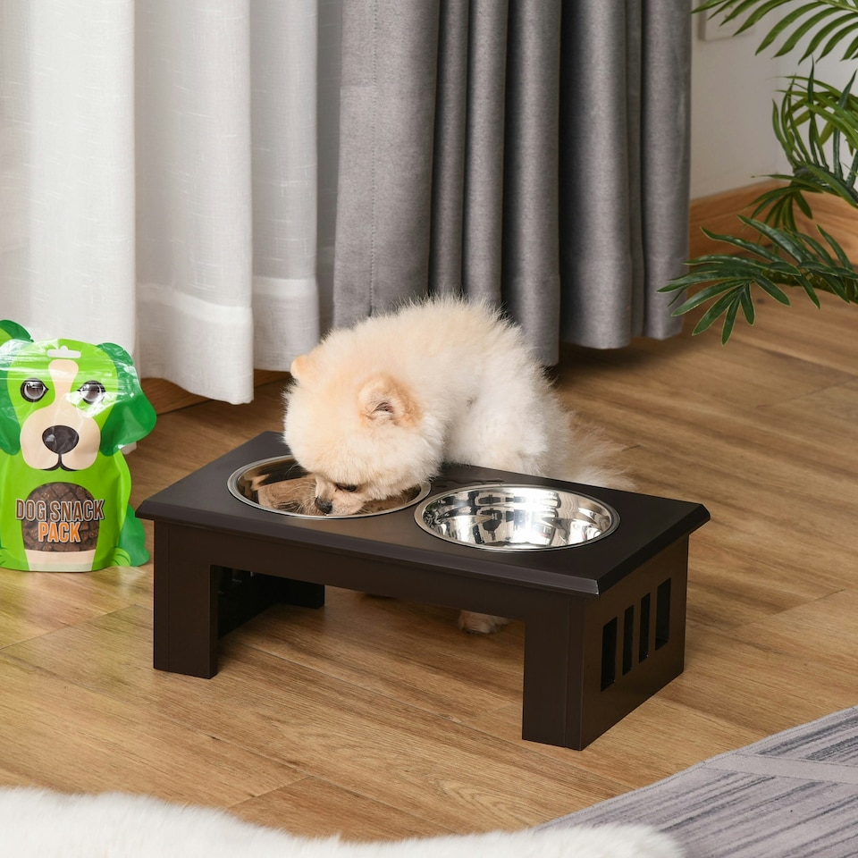 image 1 of PawHut Raised Dog Bowls Pet Feeder Raised Elevated Stainless Steel Food Brown