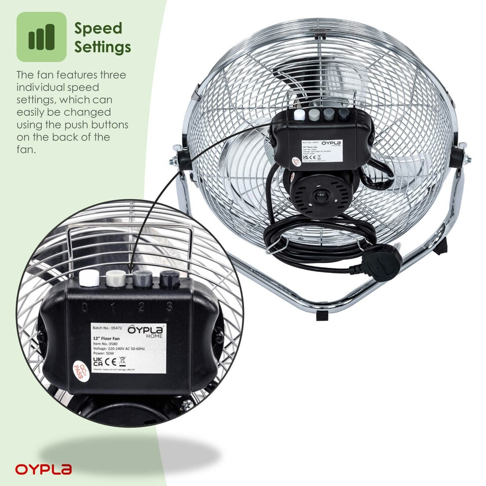 image 1 of Oypla Electrical 12" Inch Chrome 3 Speed Floor Standing Gym Fan Hydroponic
