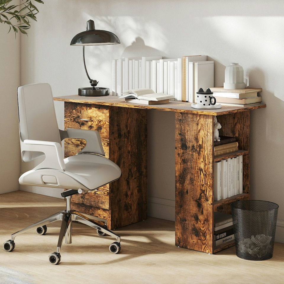 image 1 of HOMCOM 120cm Computer Desk, Study Table with 3 Shelf & Drawers, Rustic Brown | Brown | Rustic | 120W x 49D x 72H cm