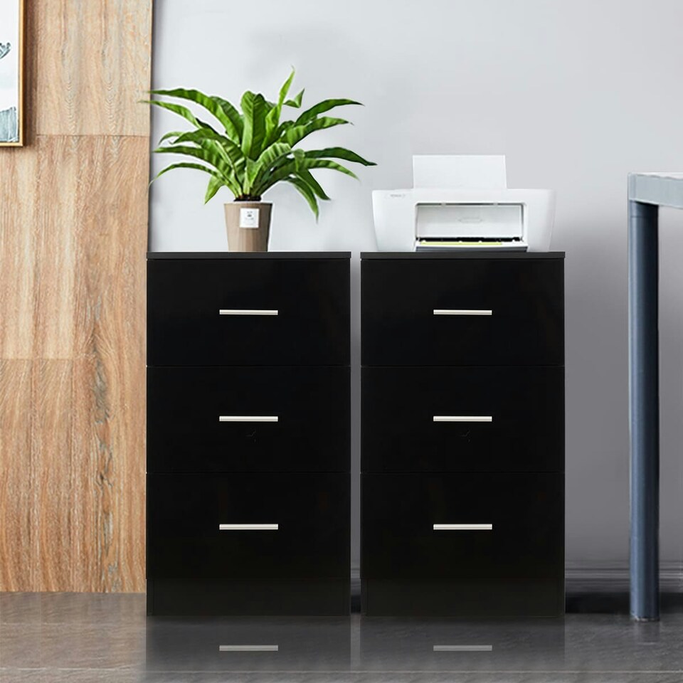image 1 of COSTWAY 2Pcs NightStand 3-Drawer Chest Storage Dresser Black Black