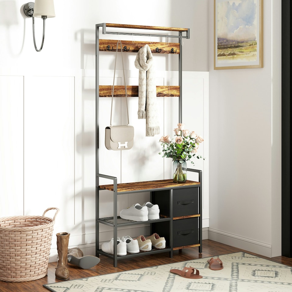 image 1 of HOMCOM Coat Rack with Drawer, Hall Tree with Coat Stand, Rustic Brown