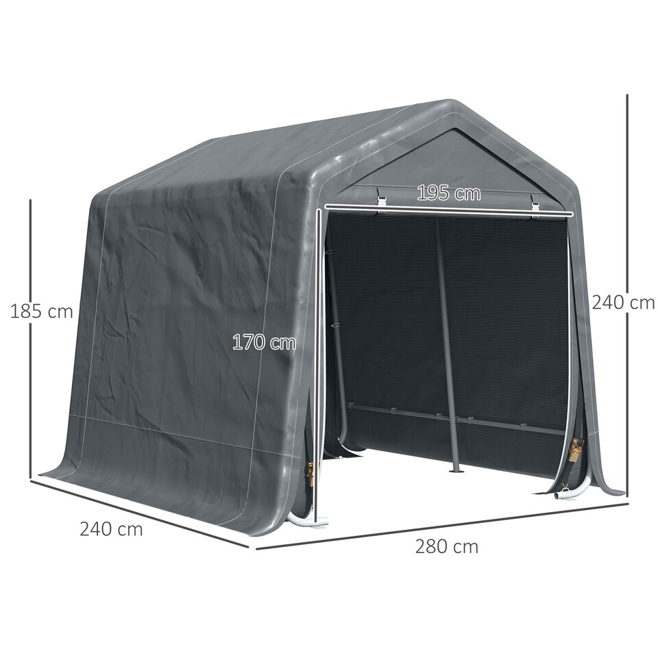 image 1 of Outsunny 9 x 7.5 ft Outdoor Garden Storage Shed, Waterproof Bike Tent with Double Rollup Zipper Door, Metal Frame, Portable Shed Shelter Carport for Motorcycle Garden Tools Dark Grey