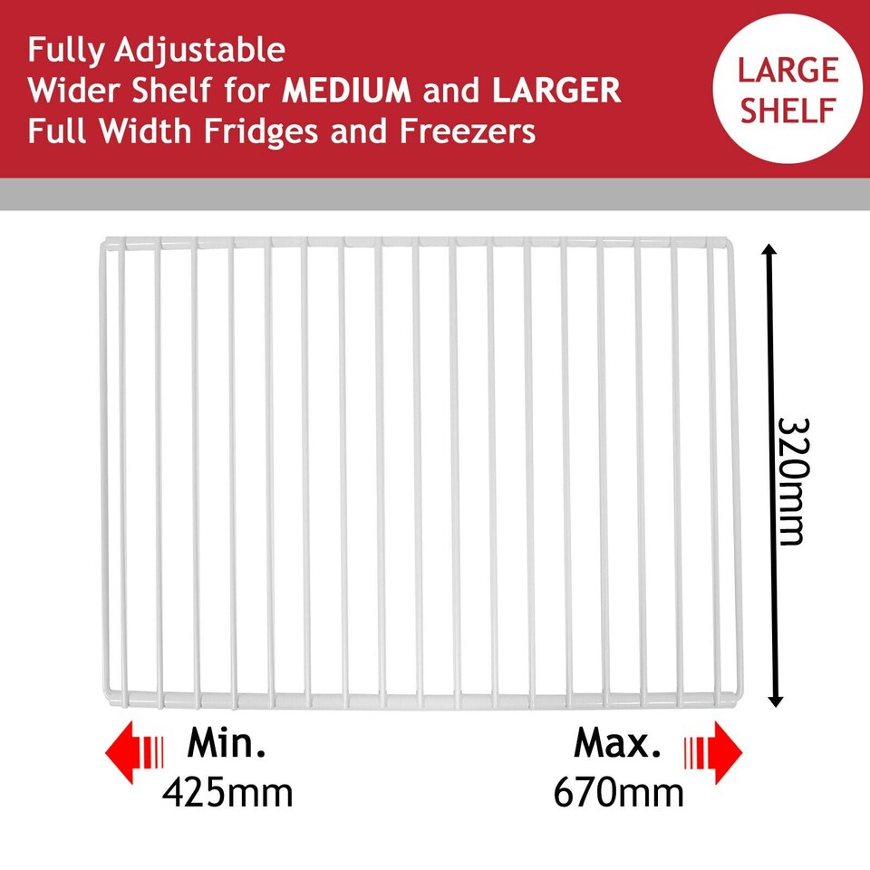 image 1 of SPARES2GO Fridge Shelf for Cookology Freezer Adjustable White Extendable Arms 425mm - 670mm x 320mm White | 425-670mm x 320