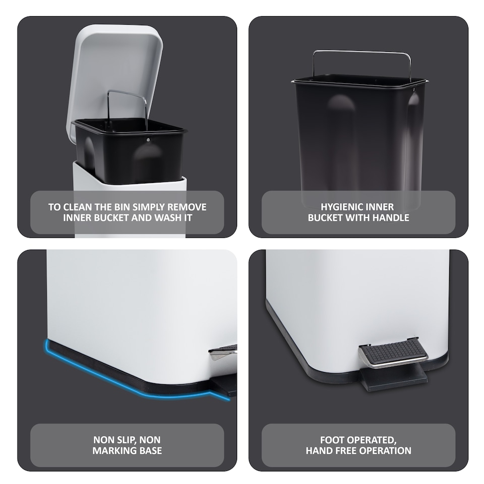 image 1 of 5L BATHROOM SLIM KITCHEN PEDAL RECTANGULAR BIN WASTE WITH SOFT CLOSING LID WHITE | White