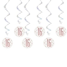 Rose Gold Glitz Age 16 Holographic Hanging Swirl Decorations - Pack of 6