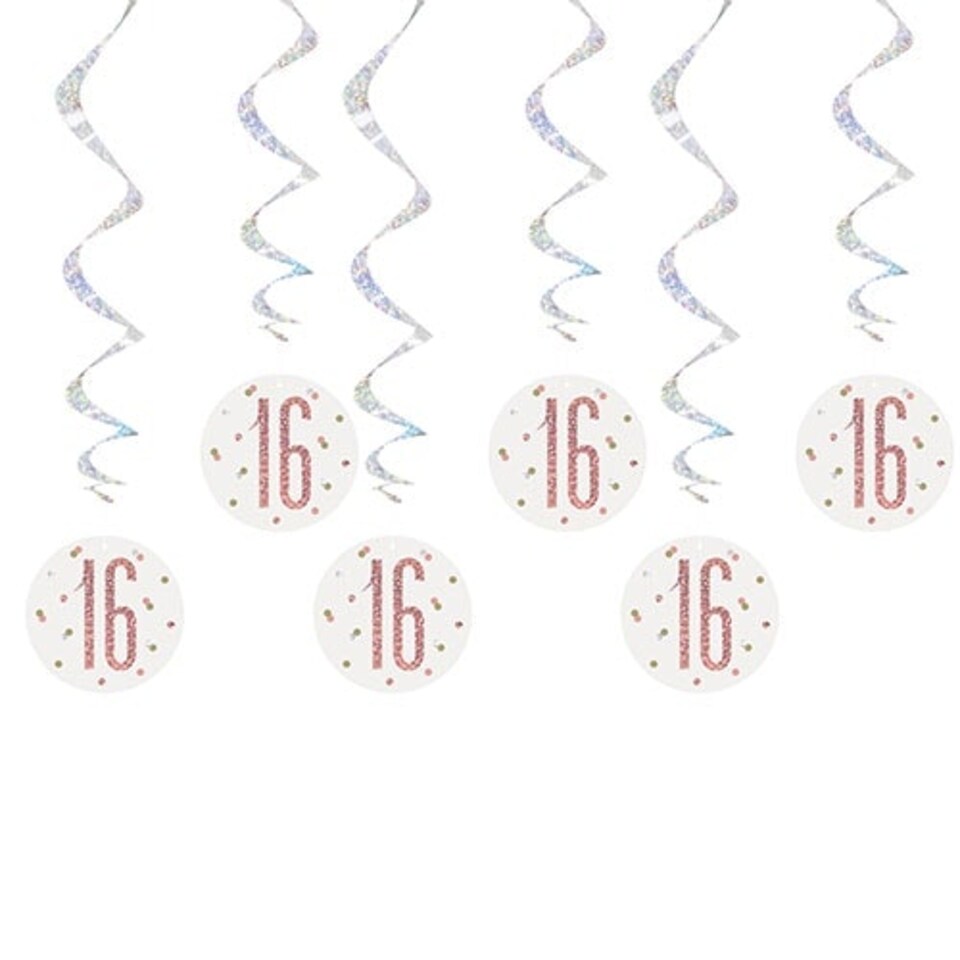Rose Gold Glitz Age 16 Holographic Hanging Swirl Decorations - Pack of 6