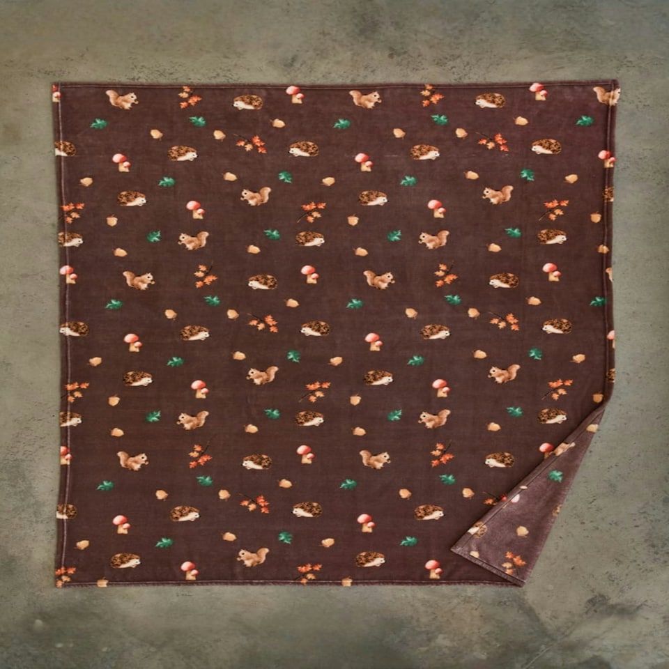 image 1 of Hogging It Throw – Wine Coloured Blanket Featuring Hedgehogs, Squirrels & Woodland Charm 140x180cm Multi | Wine