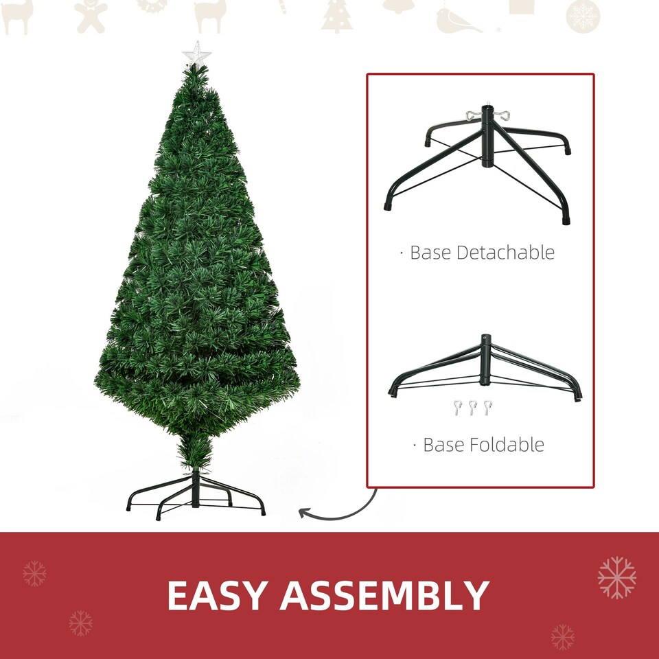 image 1 of HOMCOM 5FT Pre-Lit Fibre Optic Christmas Tree Artificial Holiday Décor Metal