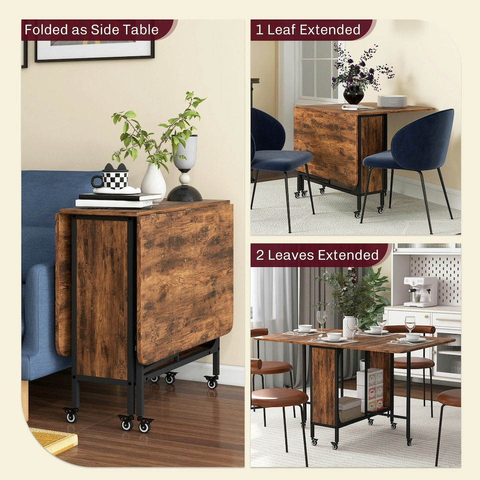image 1 of HOMCOM Mobile Drop Leaf Dining Table on Wheels with Storage Shelf Rustic Brown