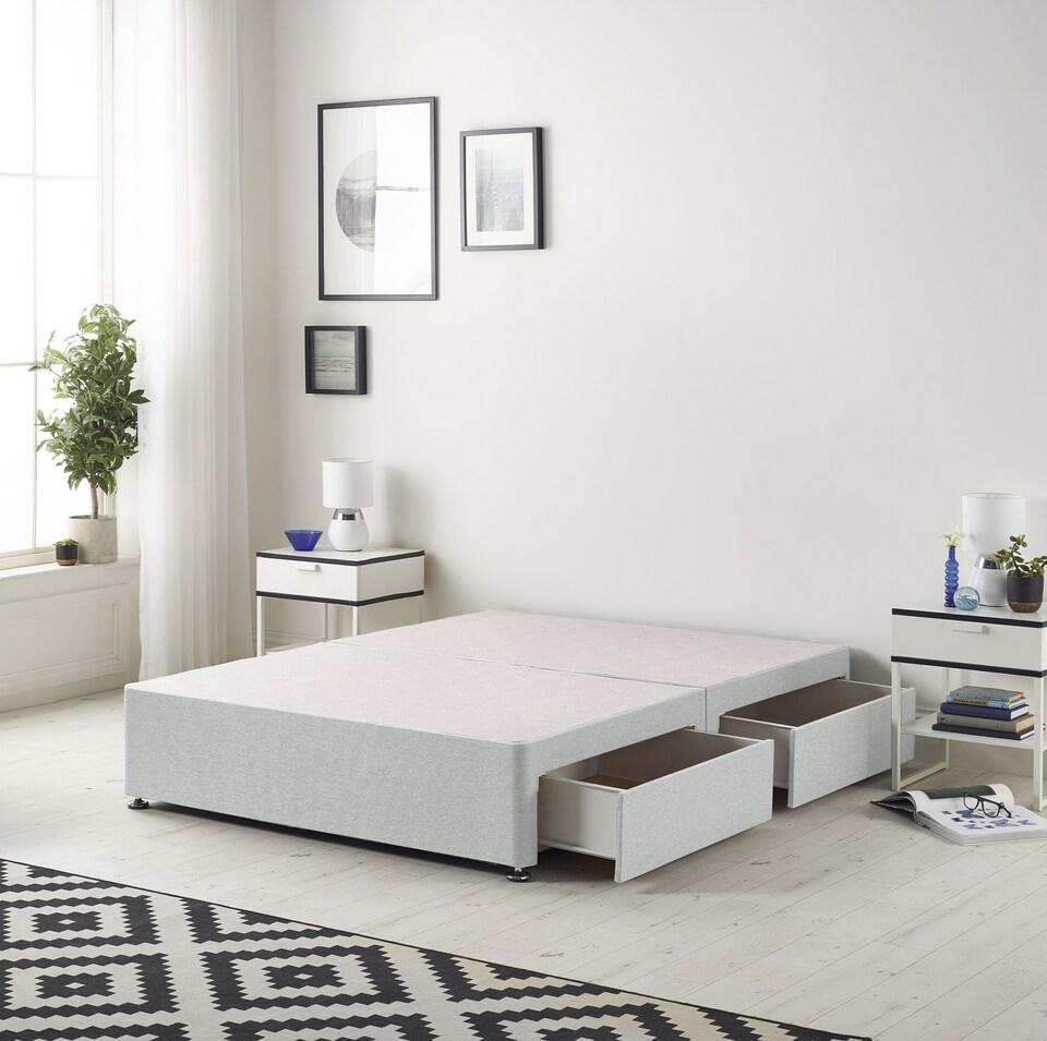 image 1 of Astoria Divan Bed Base with 2 Drawers & 30 Inch Diamante Headboard in Linen Fabric | Grey | Sage | Small Single