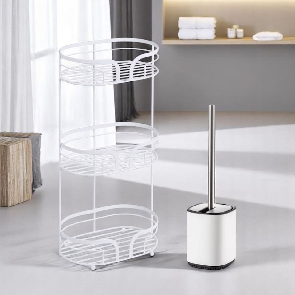 image 1 of Showerdrape White Bathroom Accessories Set Floor Caddy with Toilet Brush and Holder | White