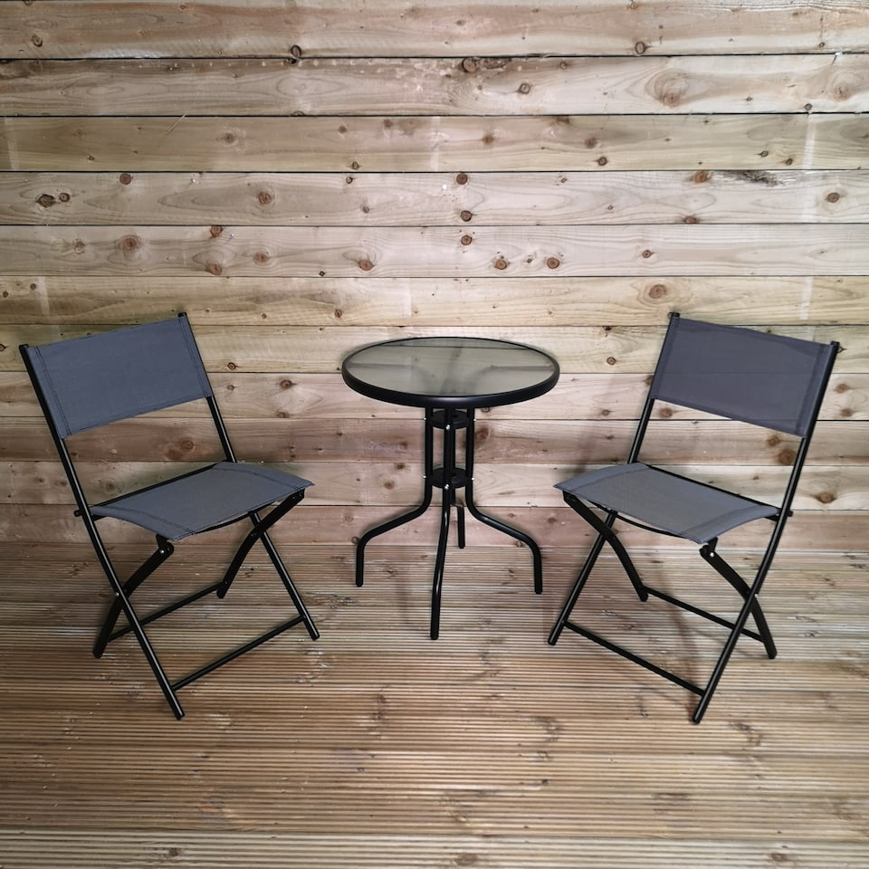 image 1 of 3pcs Outdoor Garden Furniture Bistro Set Glass Table & Two Folding Chairs in Grey