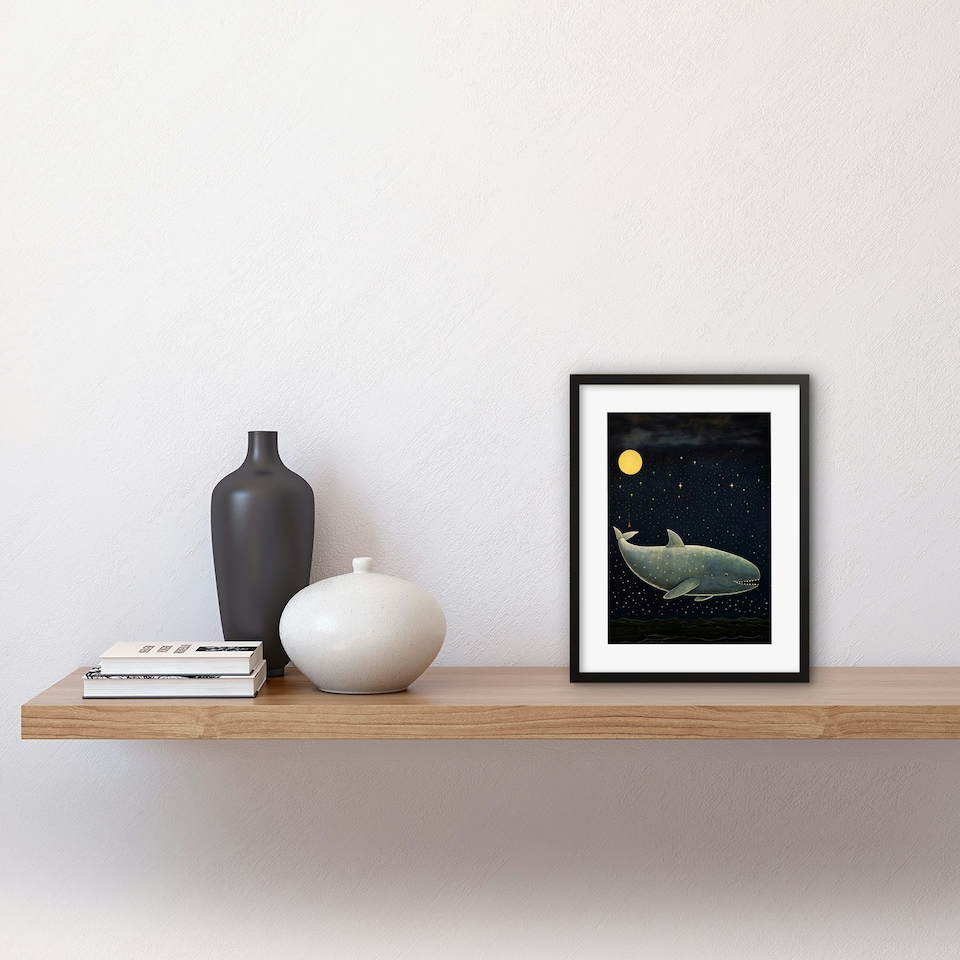 image 1 of Whale Breach at Full Moon Reach for Stars 9x7" Black Framed Wall Art Print
