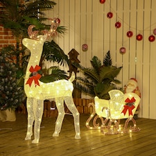 Outsunny Light Up Reindeer and Sleigh Christmas Decoration, Outdoor Lighted Deer Xmas Decor with 170 LED Lights for Holiday, Lawn, Garden, Yard, White