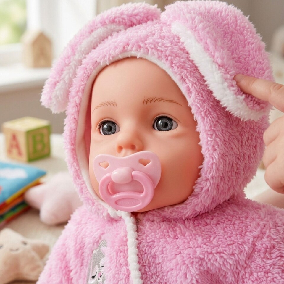 image 1 of BiBi Doll 20" Bunns Baby Doll Girl with Baby Pink Jumpsuit, Sounds & Dummy Toy