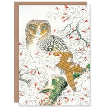 Numata Kashu Art Card Short Eared Owl on Cherry Blossom Tree