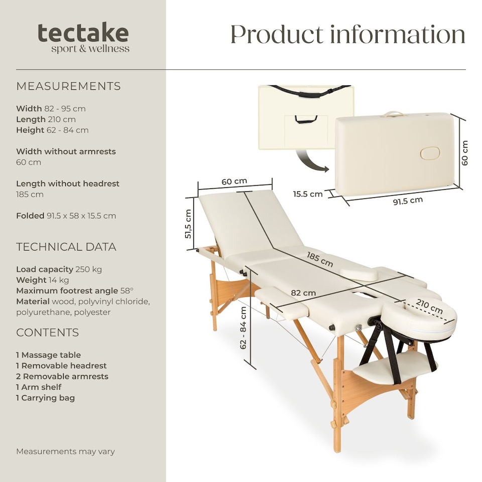 image 1 of Massage Table Daniel - 3-zones, carry bag, head and armrests, 5 cm thick padding | Cream | beige | 1