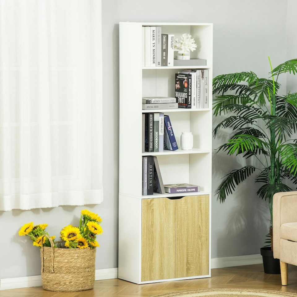 image 1 of HOMCOM 2 Door 4 Shelves Bookcase Wooden Storage Cabinet Display Unit White Oak