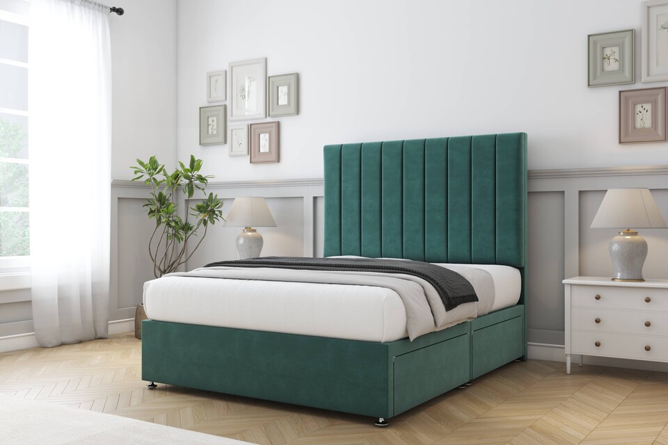 image 1 of Sloomy Kansas Emerald Plush Divan Bed With Mattress 4 Drawers With 54" Floor Standing Headboard 5' King | Green | Emerald | King | 1