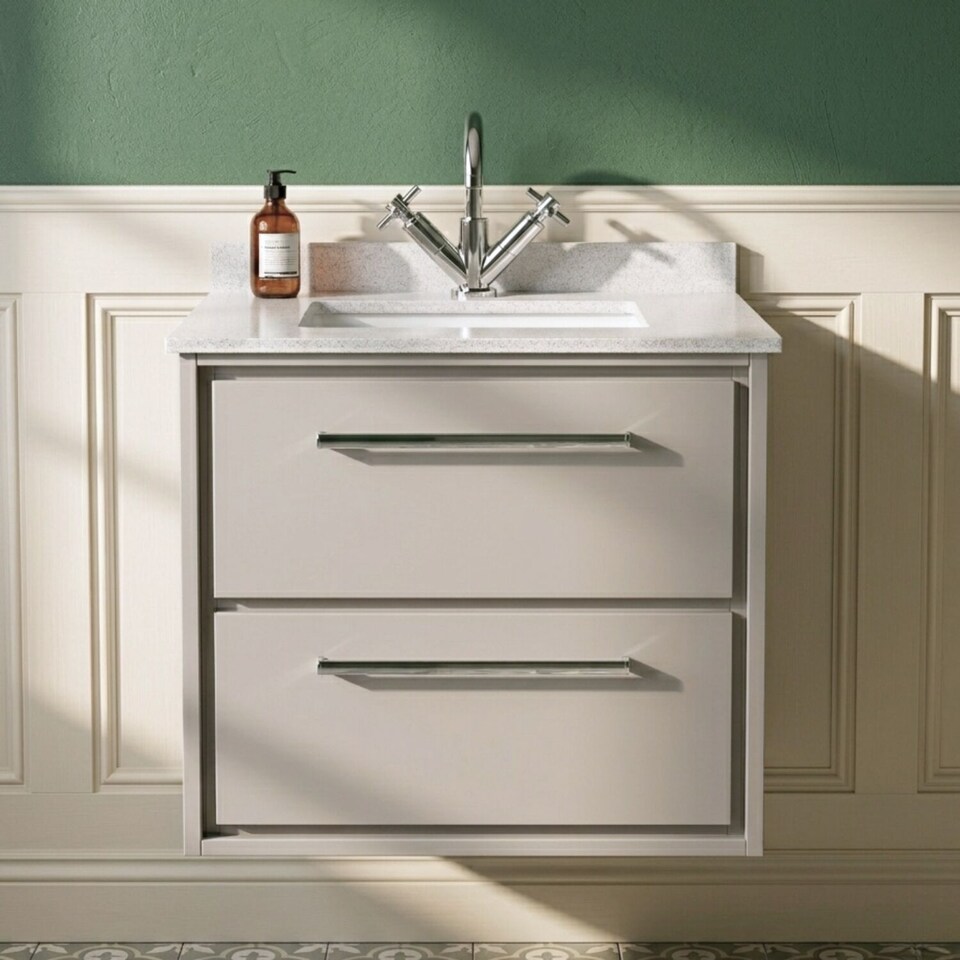 image 1 of Balterley Wall Hung 2 Drawer Vanity with Marble Worktop Basin | Grey | Pebble Grey | 617 x 620 x 470mm
