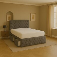 Grey Chestefield Crystal Plush 4ft Small Double Divan Bed Set Headboard & Footboard - 2 Drawers Right Side Laying in Bed