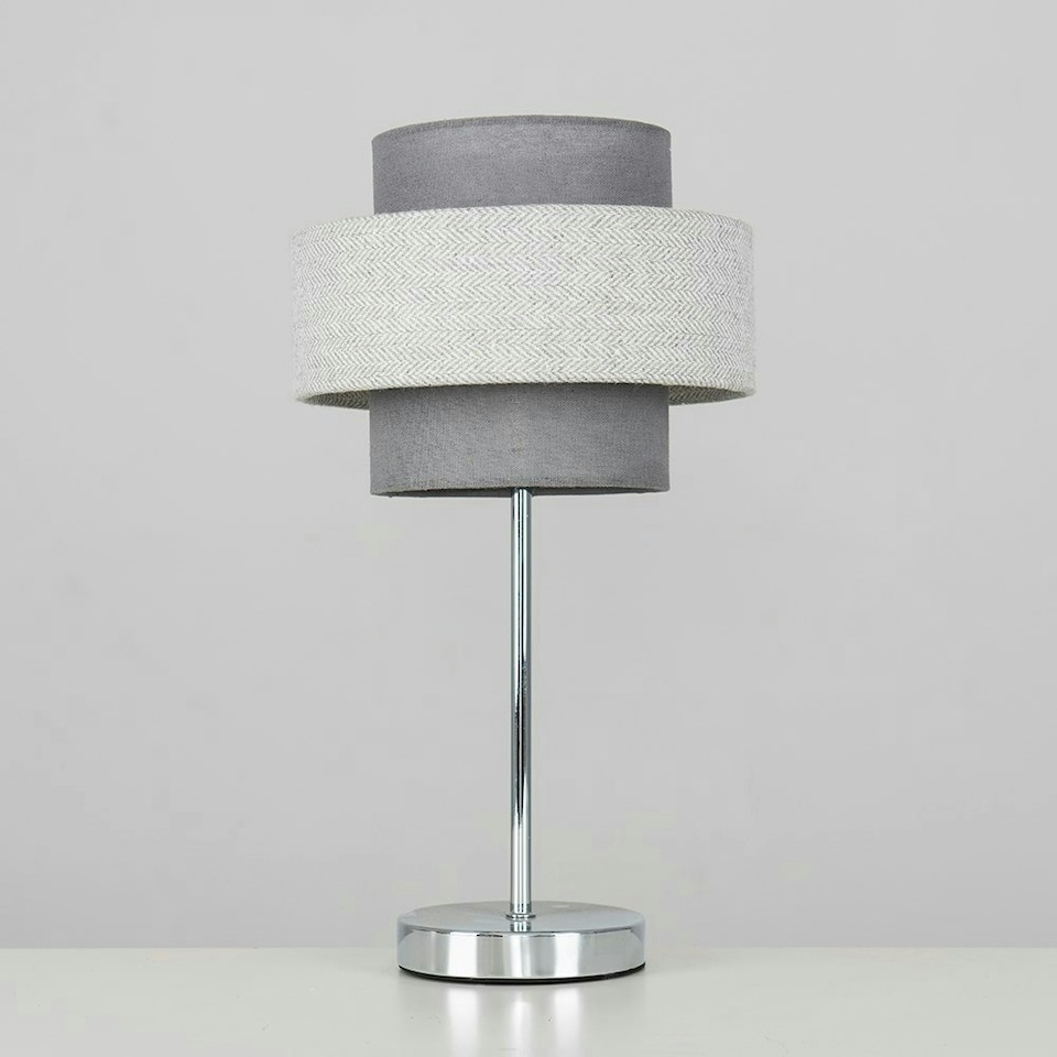 image 1 of ValueLights Polished Chrome Touch Bedside Table Lamp With Grey Herringbone Shade