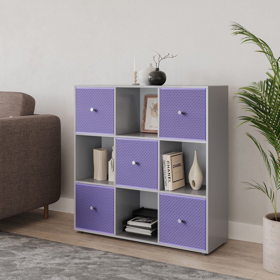 image 1 of 9 Cube Wooden Bookcase Shelving Unit with 5 Collapsible Fabric Drawers | Multi | Grey & Lilac | 1