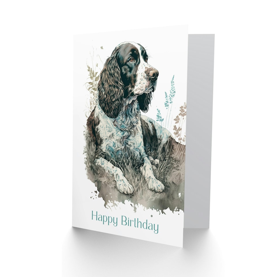 image 1 of Happy Birthday Dog Lying in Field Modern Watercolor Birthday Card