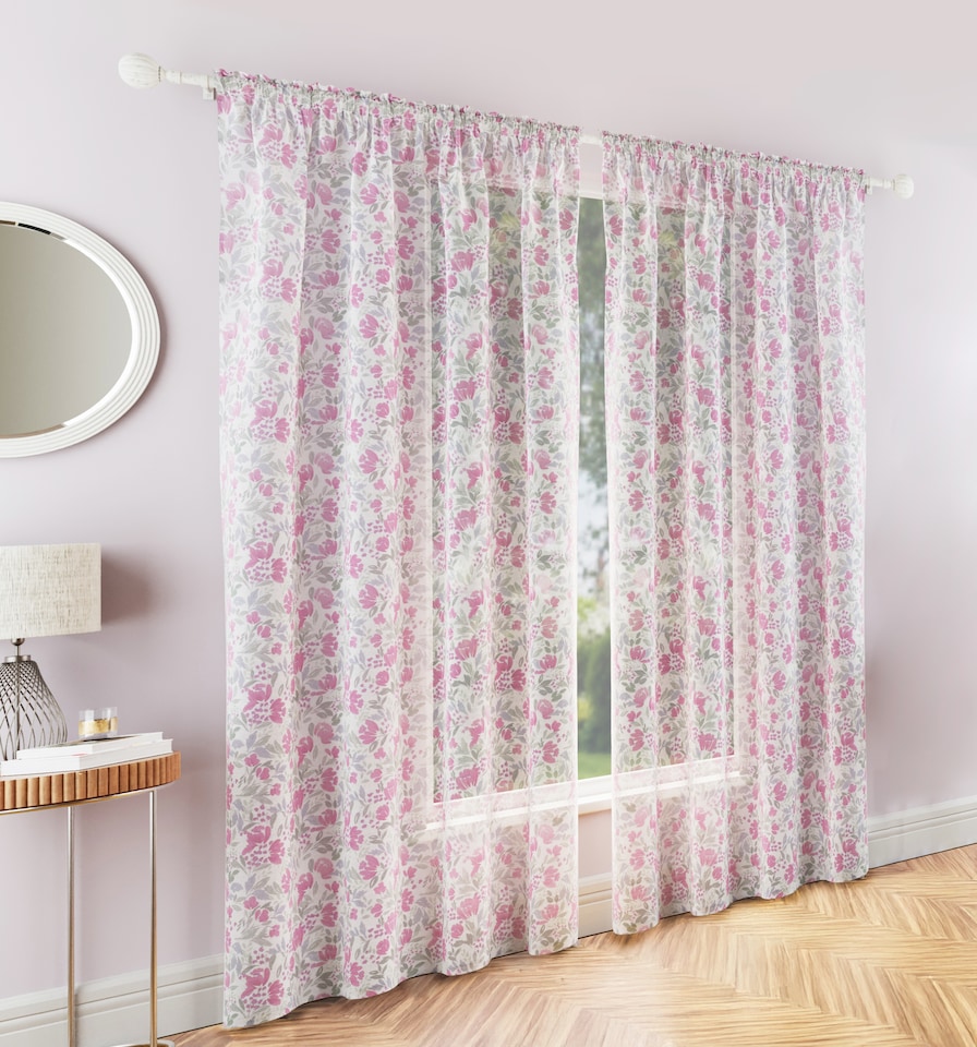 image 1 of Mia Pink Floral Print Sheer Voile Panels - Pair 140 x 122cm (55x48") | Pink | Pink | 2