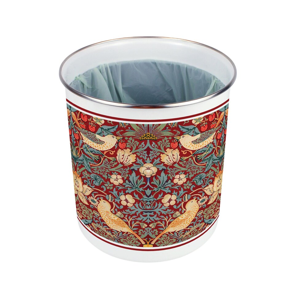 image 1 of Strawberry Thief Food Waste Caddy - Metal 2L Red Decorative Kitchen Compost Bin