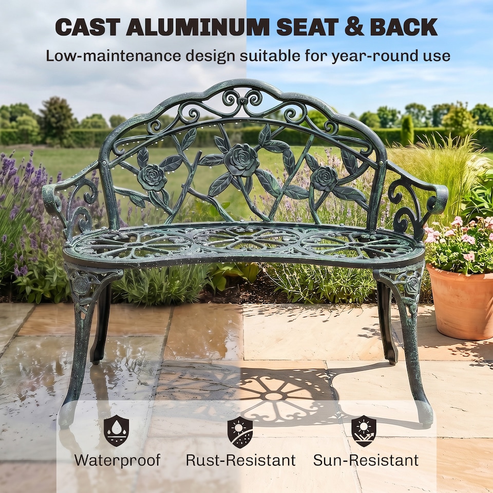image 1 of Outsunny Garden Bench Porch Park Seat Vintage Rose Style Cast Aluminium | Green | Green