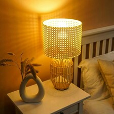 ValueLights Natural Rattan Cylinder Table Lamp With Cream Woven Rattan Wicker Shade