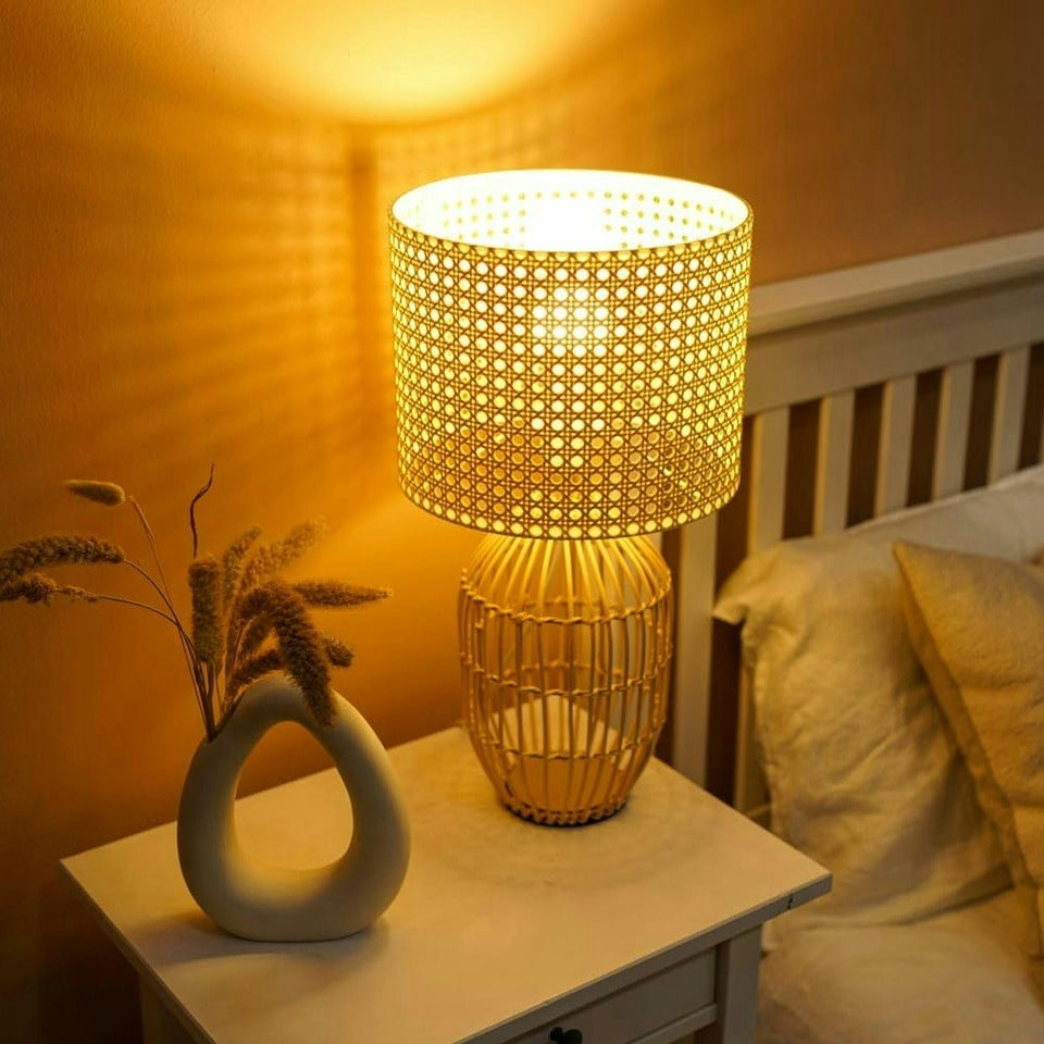 image 1 of ValueLights Natural Rattan Cylinder Table Lamp With Cream Woven Rattan Wicker Shade