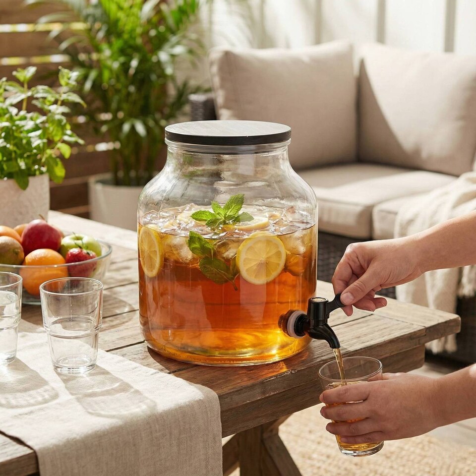 image 1 of 5.2L Glass Beverage Dispenser with Tap & Wooden Lid