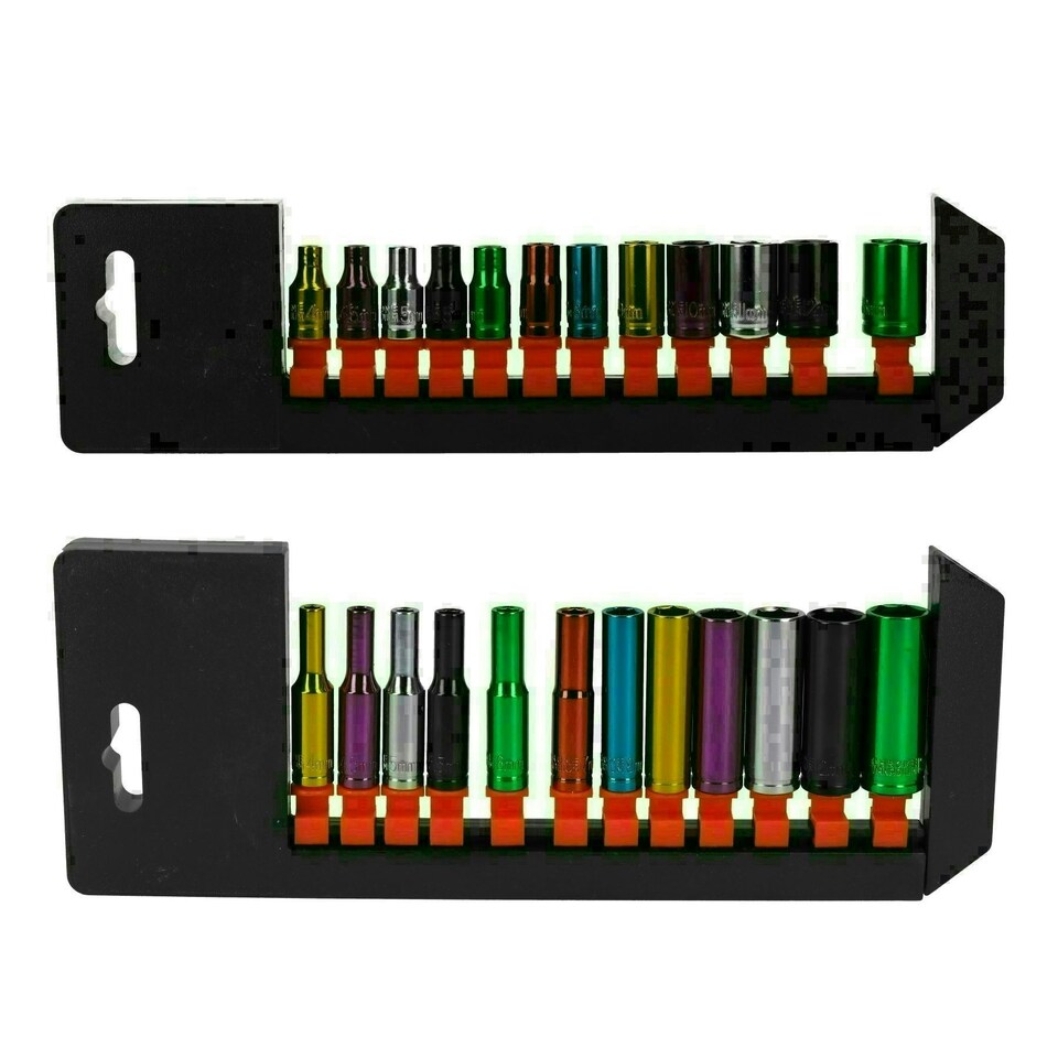 image 1 of 24pc Coloured 1/4" Dr Shallow & Deep Sockets 6 Point Hex Metric 4 - 13mm Rails