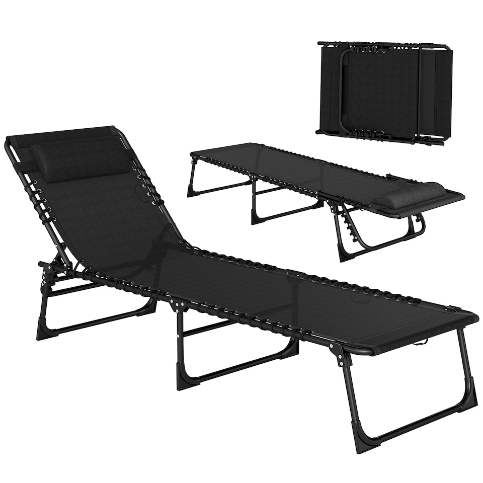 image 1 of Outsunny Foldable Sun Lounger, Outdoor 4 Level Adjustable Backrest Reclining Chaise Chair, Steel Frame Recliner Chair for Camping, Hiking, Black