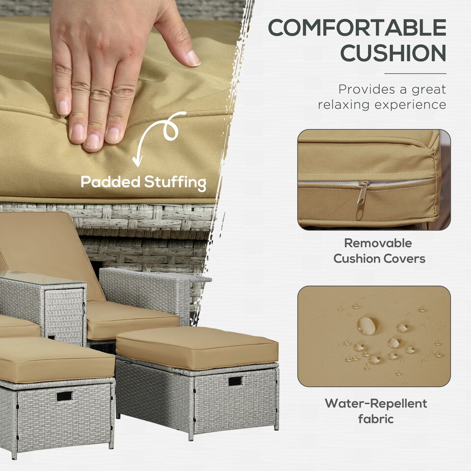 image 1 of Outsunny 5PC PE Rattan Sun Lounger, Outdoor Wicker 5-level Adjustable Recliner Sofa Bed with Storage Side Table and Footstools, for Patio, Garden, Poolside, Beige