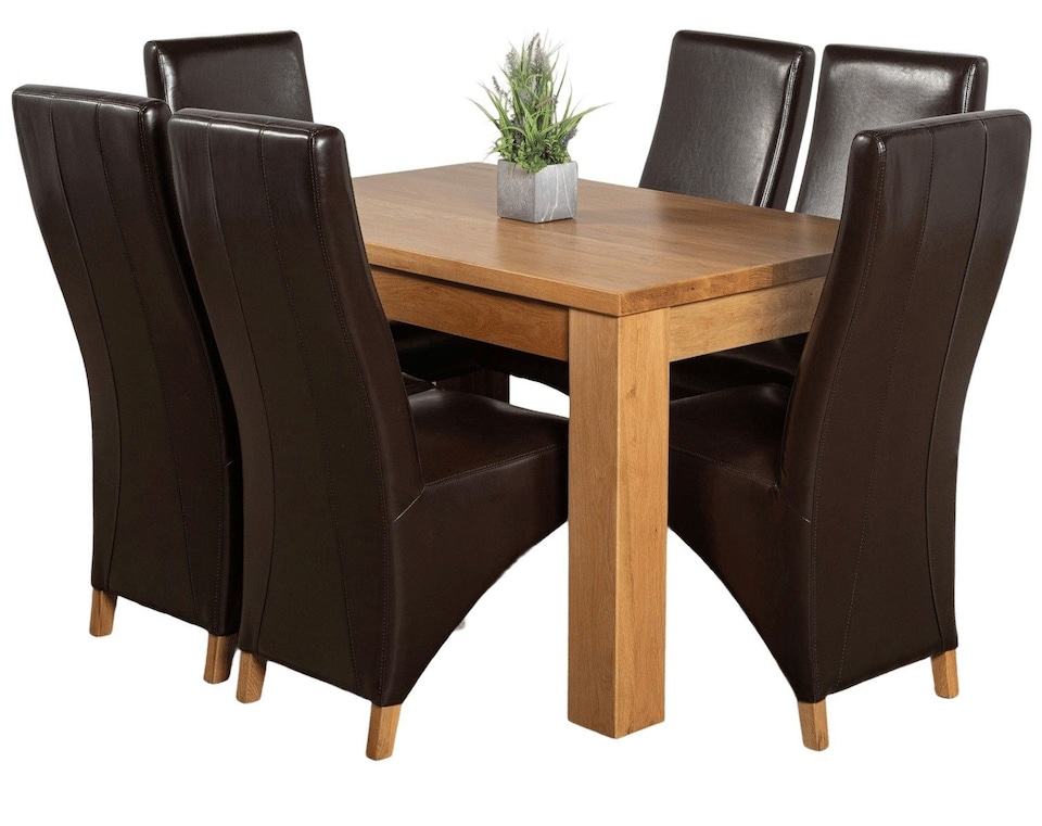 image 1 of Dakota 127 x 82cm Oak Small Dining Table and 6 Lola Leather Chairs | Brown | Brown