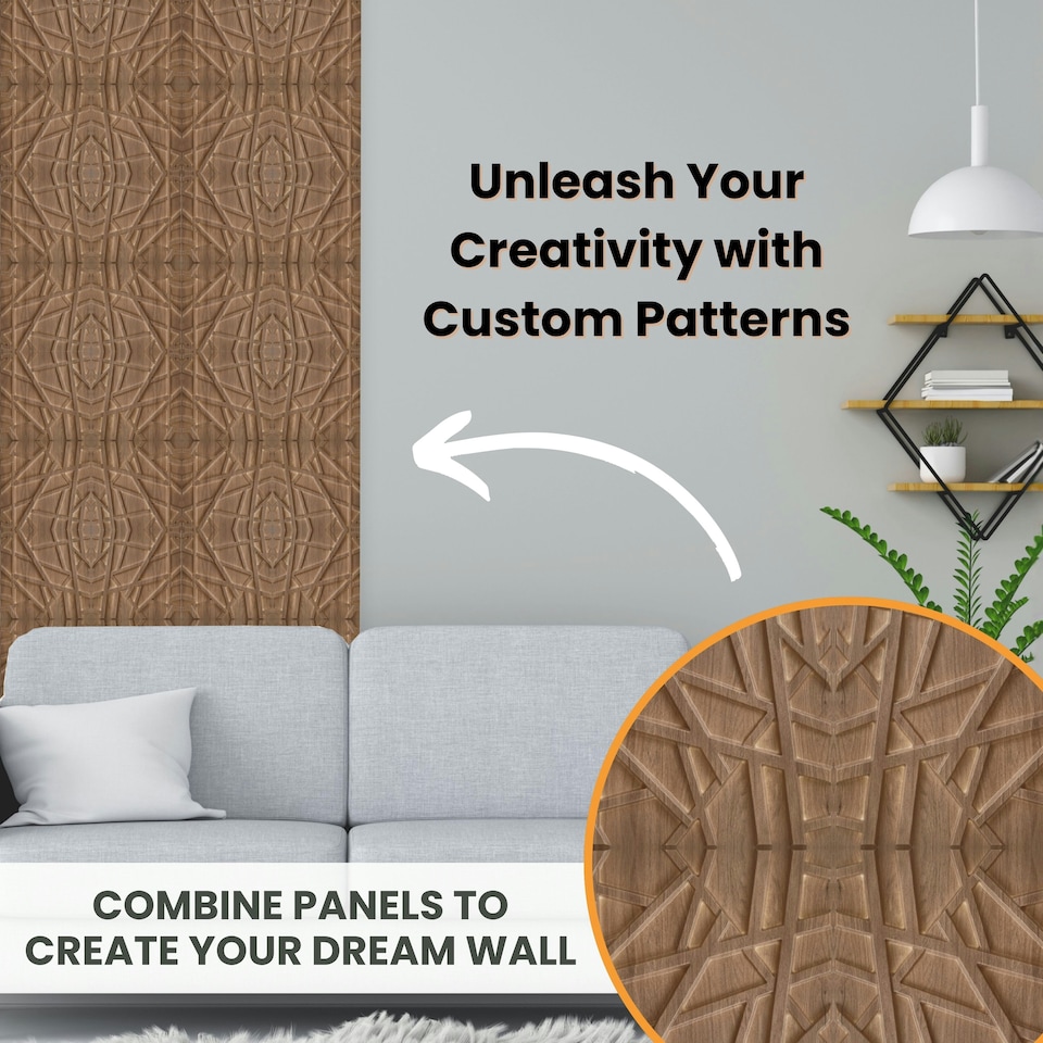 image 1 of NOVECRAFTO Geometric 3D Wall Panels – 6 Sheets Covering 1.5 sqm (16.15 sqft) – Decorative PVC Panels 50x50cm – Modern Geometric Line Design Wooden