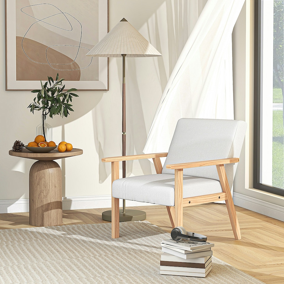 image 1 of HOMCOM Accent Chair with Wood Frame Wide Seat Linen Armchair Cream White