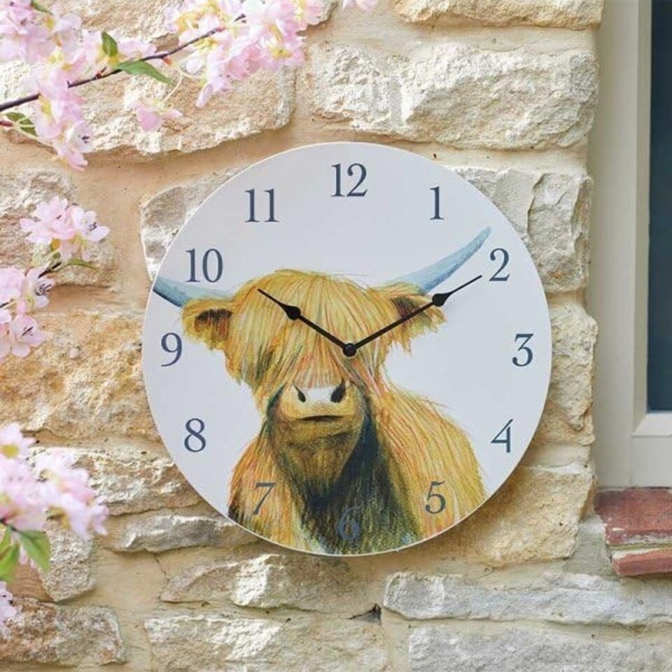 image 1 of Marco Paul 30cm Hand Painted Highland Cow Clock Multi