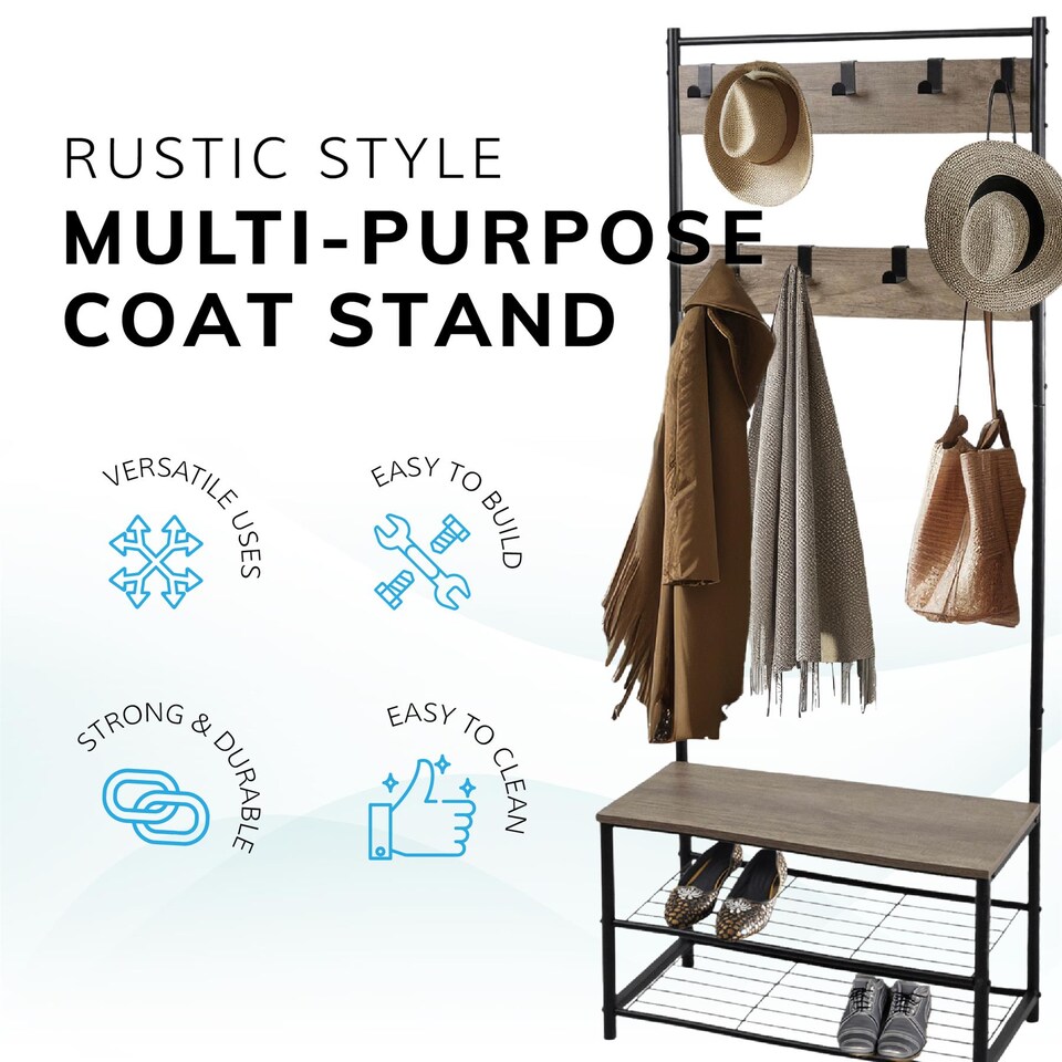 image 1 of House of Home Coat Rack Stand with Shoe Storage Bench 9 Hooks Rustic Light Brown Entrance Hall | Brown | Light Brown