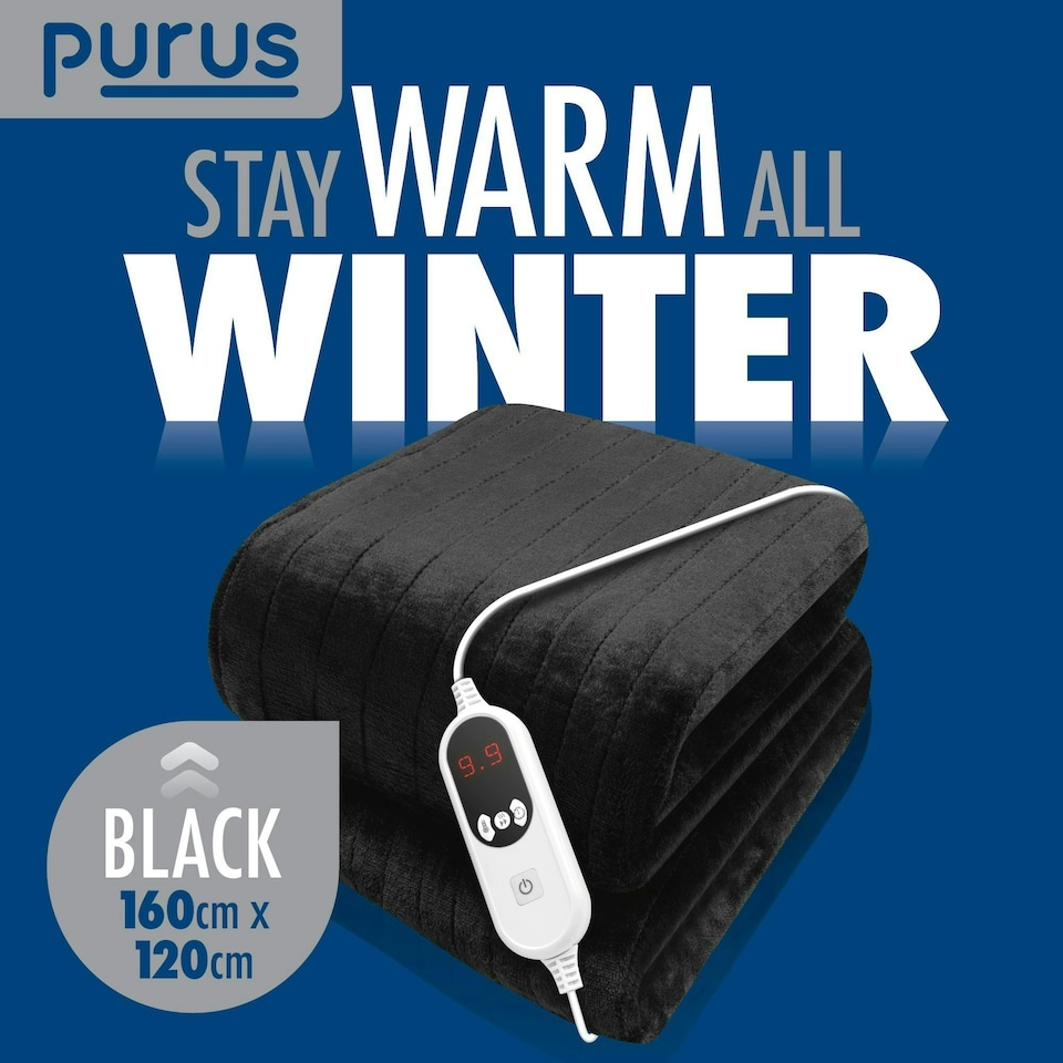 image 1 of Purus Electric Heated Fleece Blanket Throw 160x120cm - Black