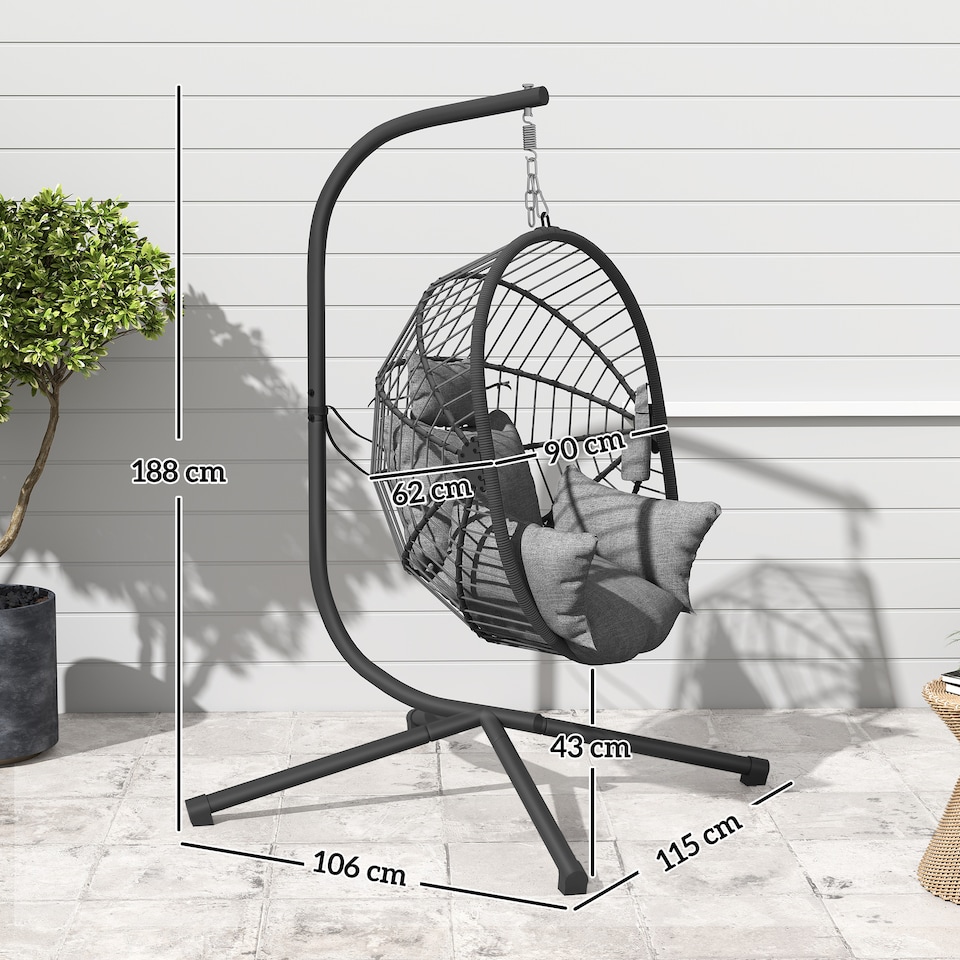 image 1 of Outsunny Outdoor Swing Chair with Thick Padded Cushion, Patio Hanging Chair with Metal Stand, Foldable Basket Egg Chair with Cup Holder, Rope Structure, for Indoor and Outdoor, Grey | Grey