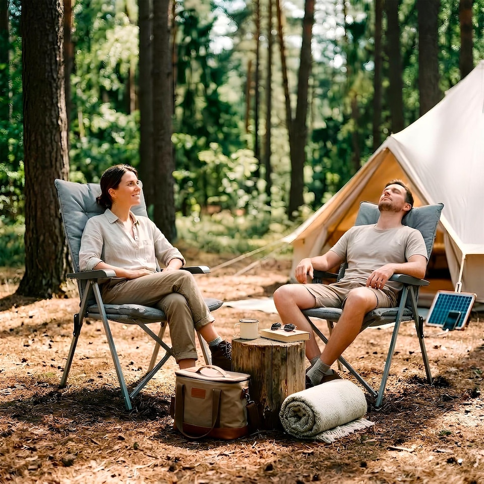 image 1 of Harbour Housewares High Back Padded Camping Chairs - Set of 2 Grey Folding Reclining Garden Beach Fishing Picnic Seats Carry Bags