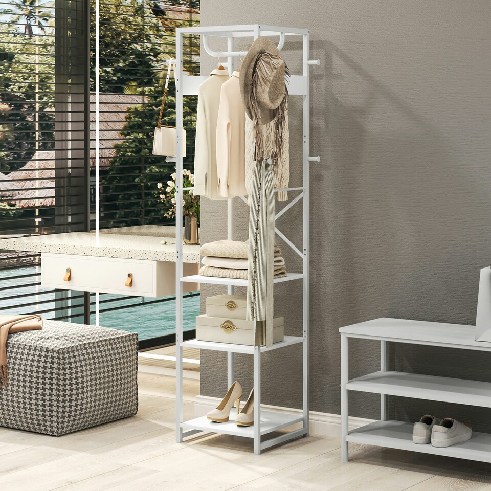 image 1 of HOMCOM Clothes Rail with Storage Shelf and Hooks, Clothes Rack, White
