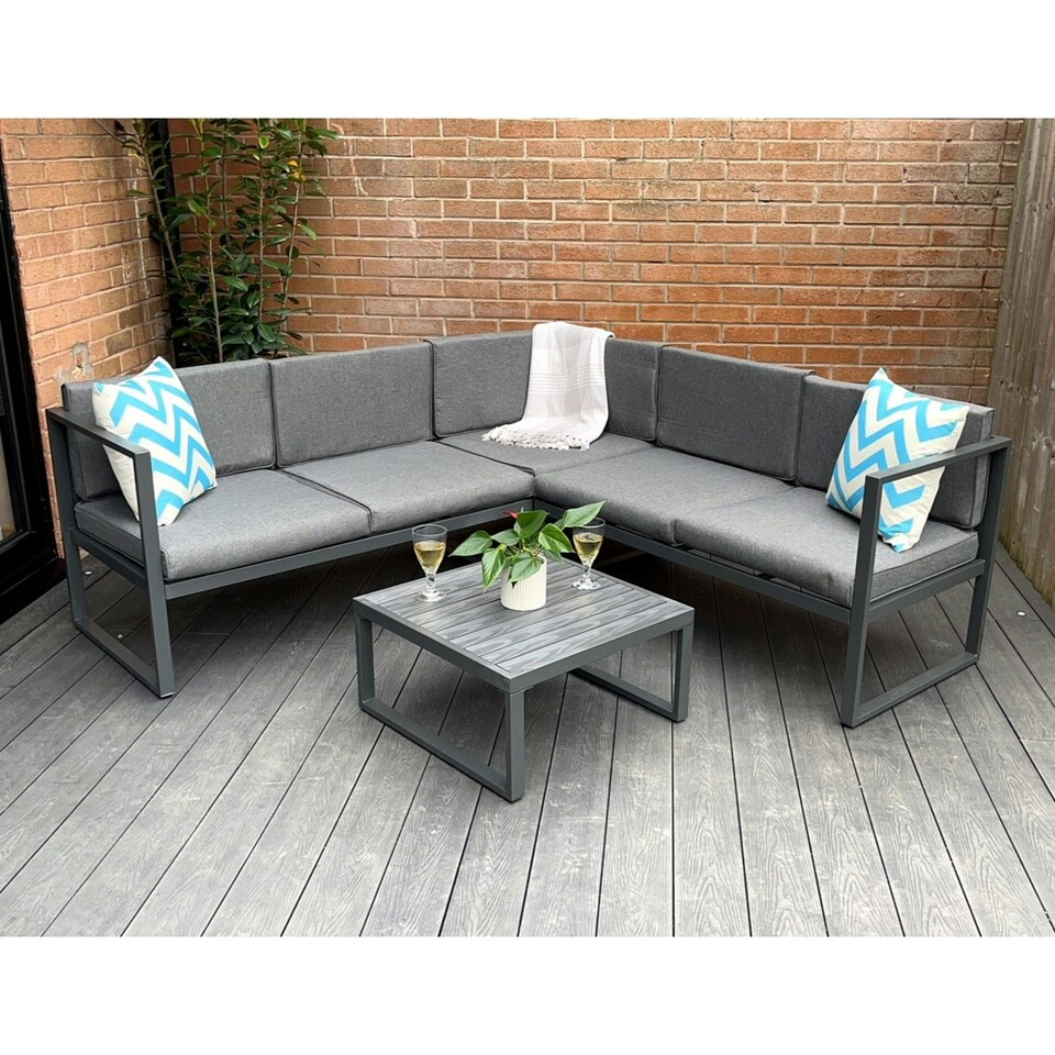 image 1 of Chester Grey Modern Metal Garden Furniture 5 Seat Corner Sofa and Coffee Table Patio Set